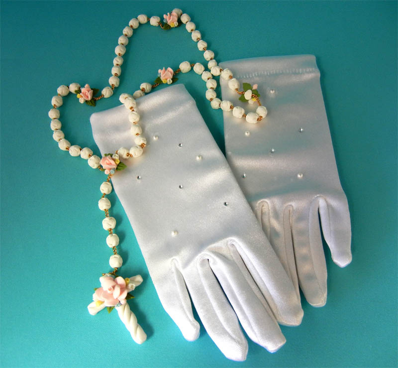 Satin Gloves with Crystals & Pearls